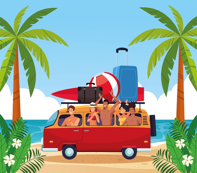 Spiaggia estiva e persone in cartoni animati vacanze