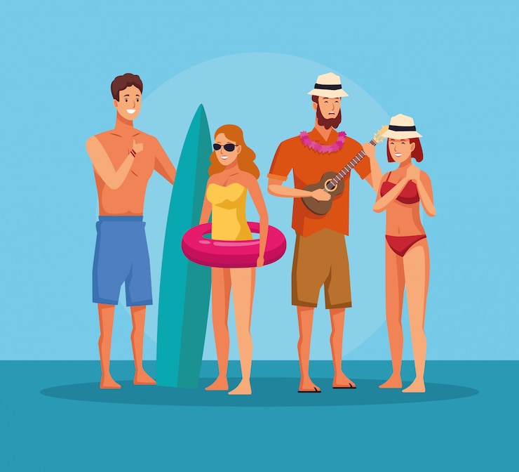 Vettore spiaggia estiva e persone