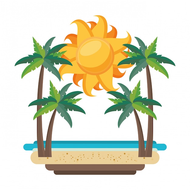 Spiaggia in estate con palme e fumetto del mare isolato
