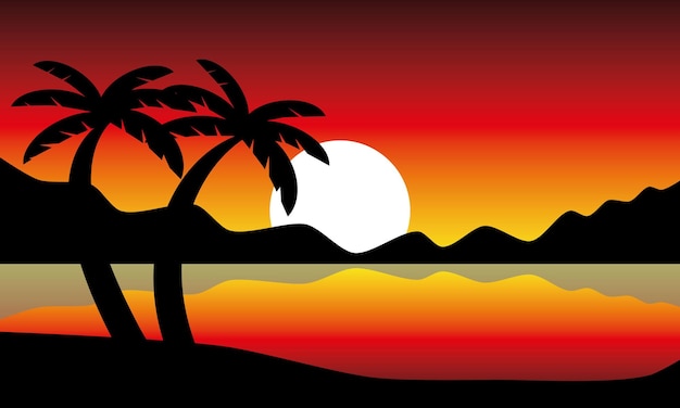 Spiaggia serale, illustrazione vettoriale. Palme, tramonto e montagne.