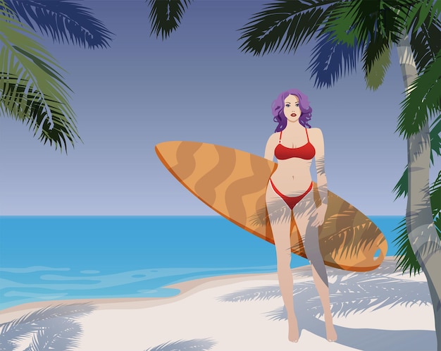 Spiaggia soleggiata con palme, una ragazza con una tavola da surf.