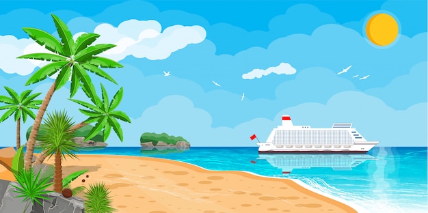 Spiaggia tropicale con nave da crociera