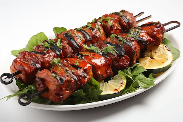 Spiedini di maiale crudi pronti per cucinare kebab BBQ isolati su sfondo bianco