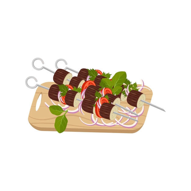 Spiedini di melanzane, pomodori e cipolle alle erbe su tavola di legno. Delizioso cibo alla griglia, verdure sane per un picnic o una cena. Illustrazione piatta vettoriale