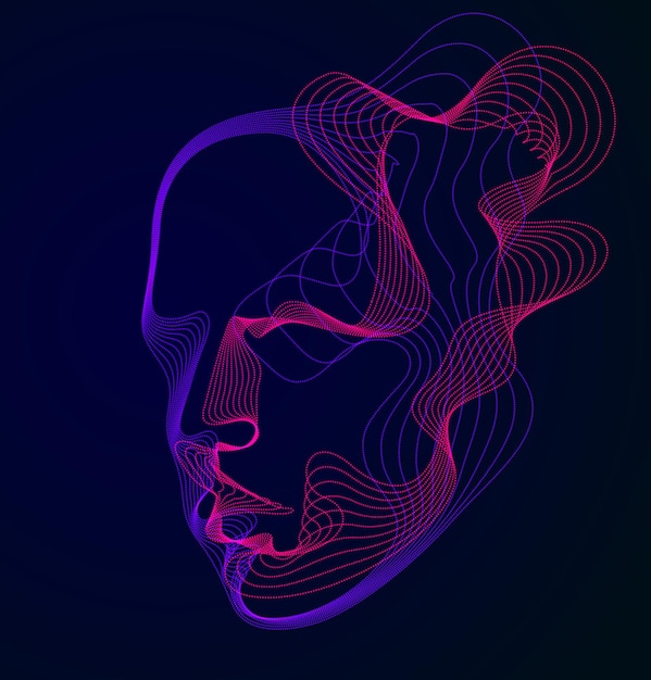 Spirito del tempo elettronico digitale, intelligenza artificiale illustrazione vettoriale della testa umana fatta di linee d'onda di particelle tratteggiate, flusso di particelle, anima tecnologica della macchina.