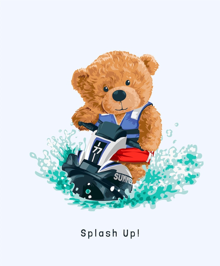 splash up slogan con la bambola dell'orso che guida l'illustrazione della moto d'acqua
