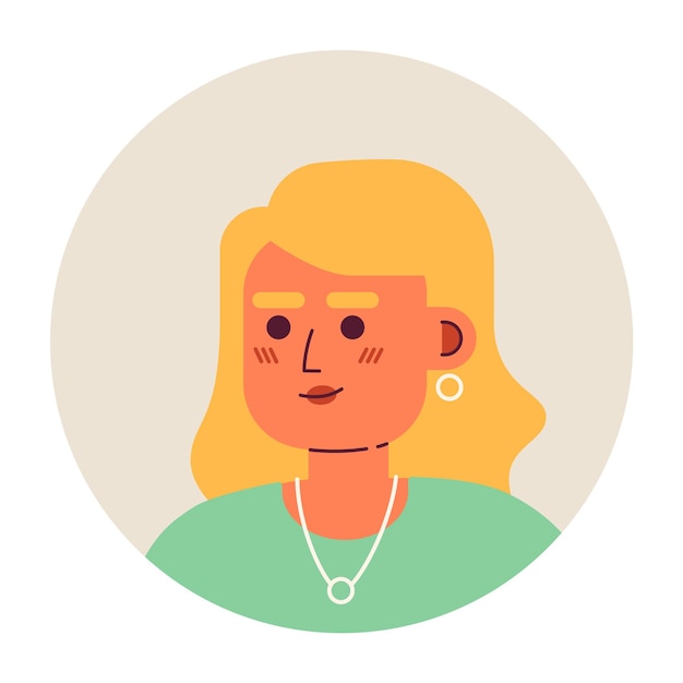 Splendida donna bionda caucasica testa di personaggio vettoriale semi piatta signora con lunghi capelli ricci icona di avatar di cartone animato modificabile emozione del viso illustrazione spot colorata per l'animazione di progettazione grafica web