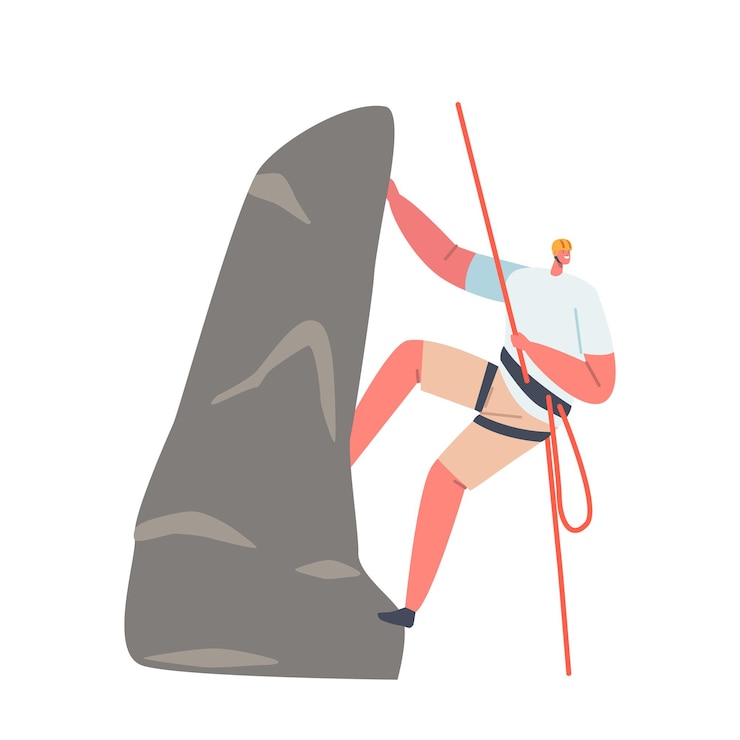 Vettore sport estremo, escursionismo e attività per il tempo libero concetto giovane scalatore personaggio maschile che scala l'uomo di montagna con una corda che ha ricreazione nel parco o sulla natura cartoon persone illustrazione vettoriale