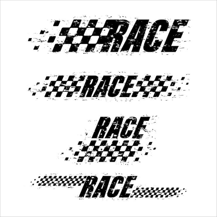Vettore sport race track grunge testo e bandiere