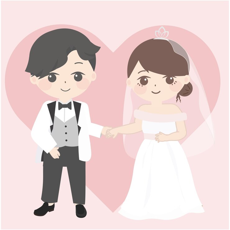 sposa e sposo con anelli una coppia di caricature carinose con un cuore