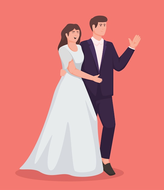 Sposa in abito bianco e sposo in tuta Illustrazione del vettore del matrimonio di coppia