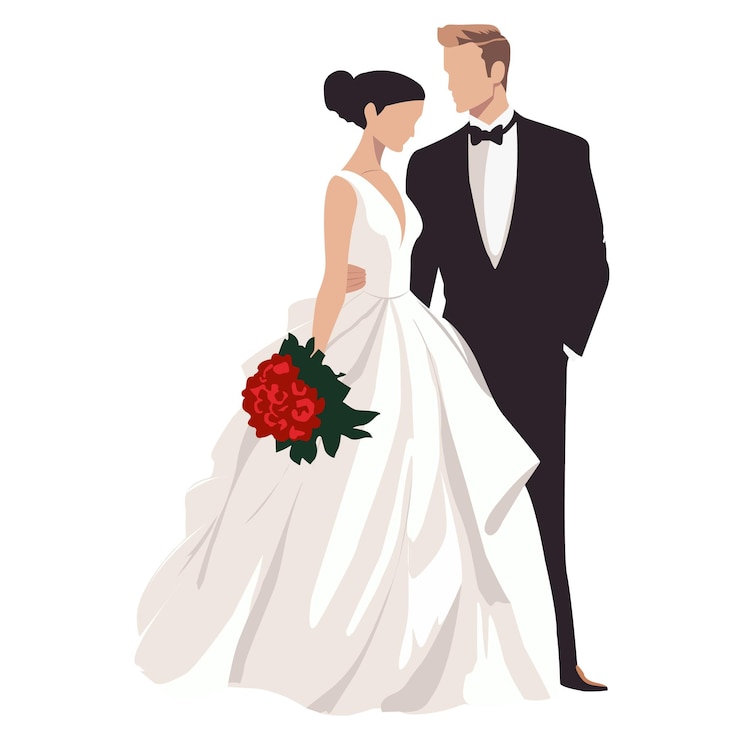 Vettore sposa in abito da sposa bianco con lo sposo in abito nero