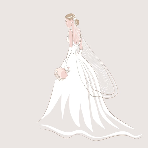 Sposa in abito da sposa e velo con bouquet