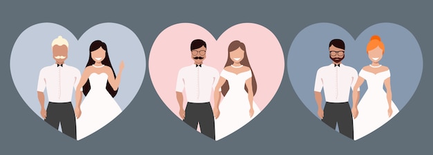 Sposi Sposa e sposo. Diverse coppie a forma di cuore. Gente dai capelli rossi, castani e biondi. Design alla moda dell'invito. Illustrazioni moderne disegnate a mano.