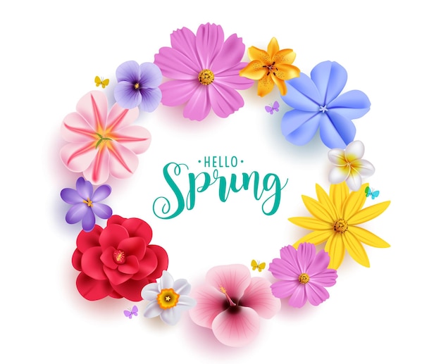 Spring fiori ghirlanda design clipart Ciao primavera testo di saluto con colorato fiore ghirlanda come