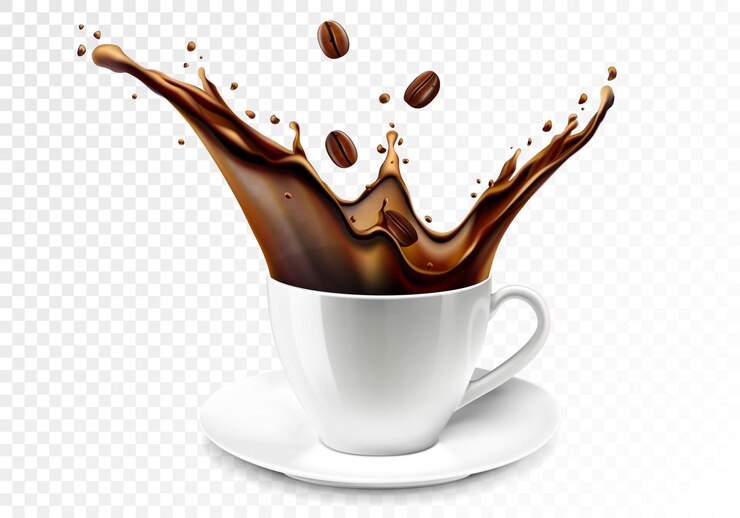 Vettore spruzzata di caffè. una tazza di caffè. chicchi di caffè che cadono nella tazza o tazza bianca in ceramica con spruzzi di caffè caldo. illustrazione realistica di vettore della tazza da caffè 3d.