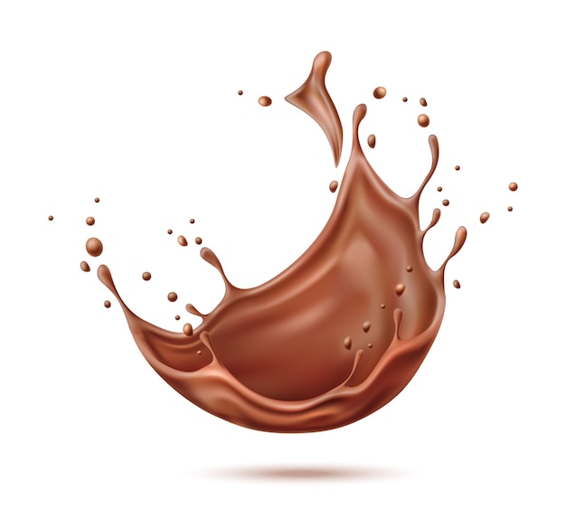 Spruzzata di cioccolato realistica vettoriale, versando vortice di cioccolato liquido, flusso di cacao fuso e fuso. Esplosione di liquidi con gocce per la progettazione del prodotto.