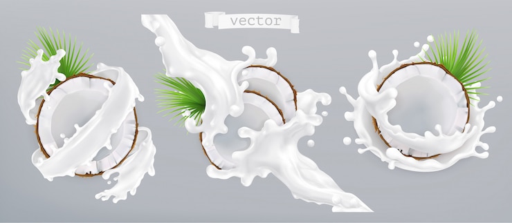 Vettore spruzzata di cocco e latte. icona realistica 3d