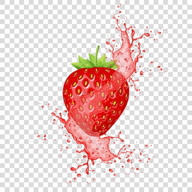 Spruzzata di succo di fragola. Frutta fresca realistica. Vettore.