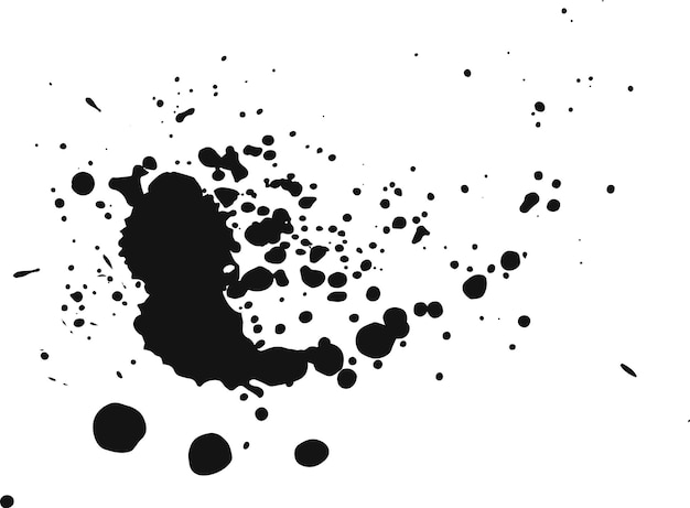Spruzzatura di inchiostro nero su uno sfondo bianco che crea un disegno astratto con gocce di varie dimensioni e una sensazione artistica strutturata