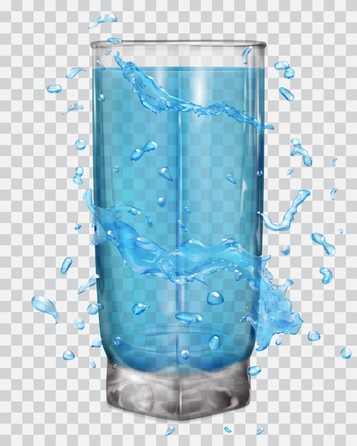 Spruzzi d'acqua in colori azzurri intorno a un vetro trasparente con acqua azzurra Trasparenza solo nel file vettoriale