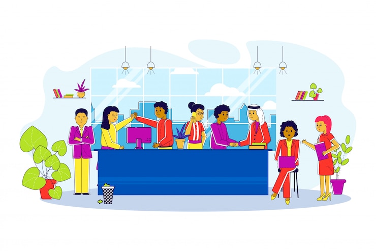 Vettore squadra multiculturale nella linea dell'ufficio, illustrazione. riunione d'affari, comunicazione dei dipendenti vicino al grande tavolo. gente uomo
