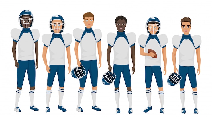 Vettore squadra piatta football americano squadra di giovani ragazzi in uniforme isolato.
