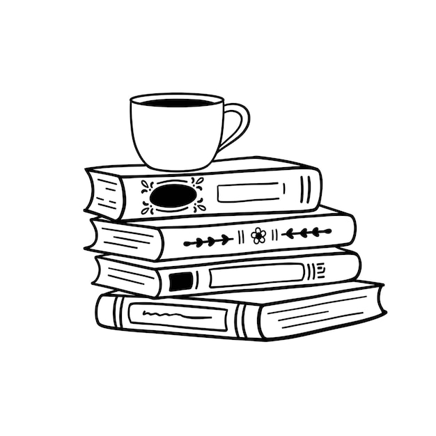 Stack di libri con tazza di caffè accogliente illustrazione vettoriale disegnata a mano Leggere e bere caffè
