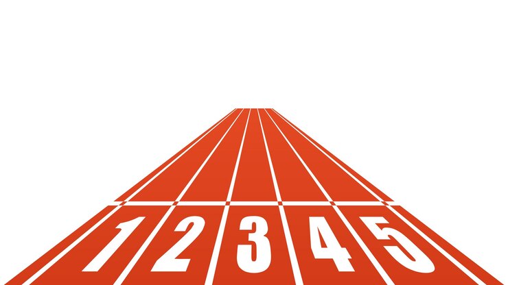 Vettore stadio della pista da corsa rossa di partenza pista diritta con velocità di partenza dei numeri bianchi