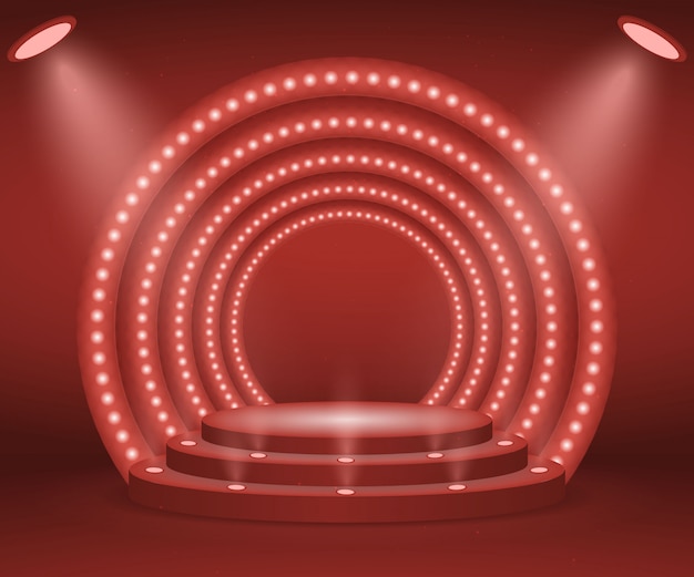 Stage con luci per la cerimonia di premiazione. Podio rotondo illuminato. Piedistallo.