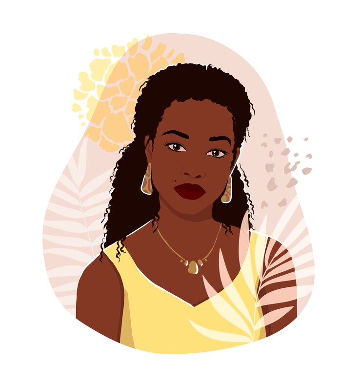 Vettore stampa adesiva delicata con foglie di palma di una ragazza africana e un fiore illustrazione disegnata a mano