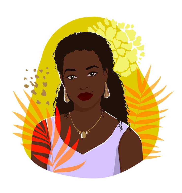 Vettore stampa adesiva luminosa con foglie di palma di una donna africana e un fiore illustrazione vettoriale disegnata a mano