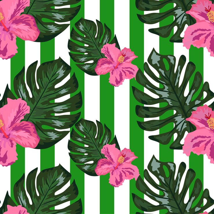 Vettore stampa estate giungla esotica pianta tropicale foglie di palma e fiore rosso ibisco motivo floreale senza cuciture