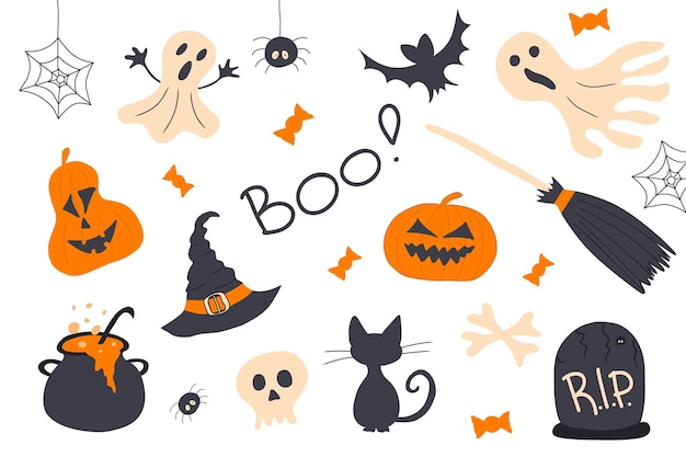 StampaElementi di Halloween impostati cappello fantasma pipistrello pozione scopa gatto nero tomba ragni zucche