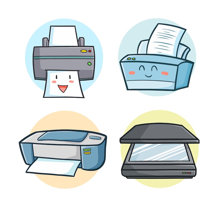 Stampante e scanner divertenti in stile doodle kawaii
