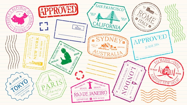 Stamponi colorati per passaporti da città come Tokyo, Parigi, Sydney e altre stamponi a tema di viaggio con vari disegni e colori vivaci Stamponi per passaporto in abbondanza Set vettoriale di francobolli colorati