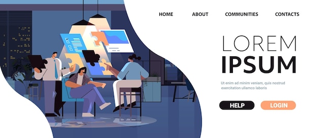 Stanco team di uomini d'affari che mette insieme i pezzi del puzzle soluzione del problema concetto di lavoro di squadra notte oscura ufficio interno orizzontale a piena lunghezza spazio copia