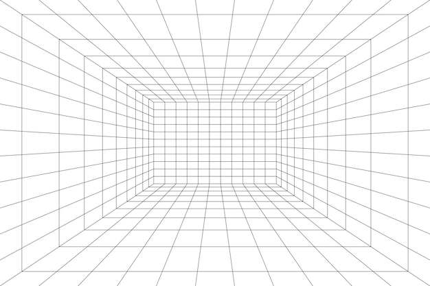 Stanza della griglia in illustrazione vettoriale prospettica in stile 3d Scatola interna modello wireframe per interni