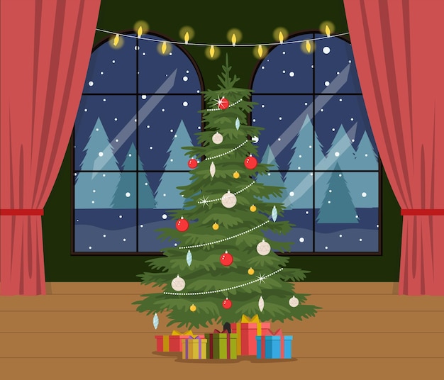 stanza serale con grandi finestre e paesaggio invernale albero di Natale bellissimo sfondo di Natale
