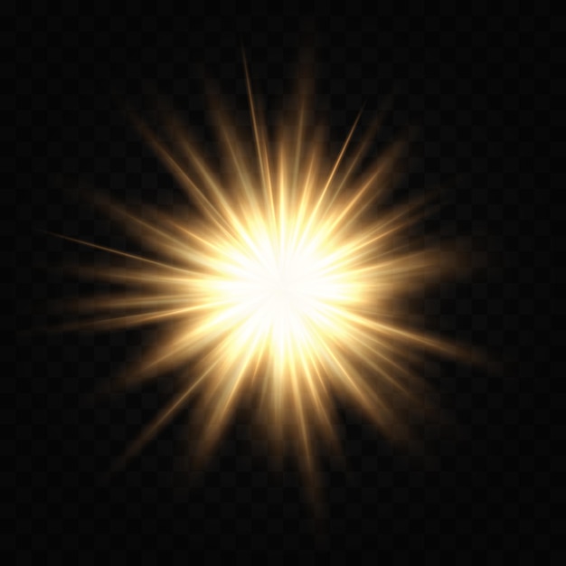 Starburst giallo brillante e luminoso isolato su uno sfondo trasparente Scoppio di energia radiante con raggi acuti che si estendono verso l'esterno Effetto di luce astratto perfetto per grafiche festive o esplosive