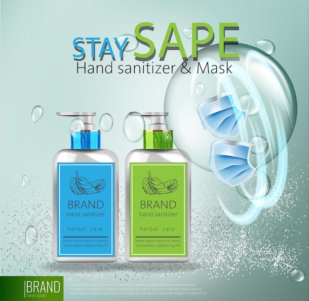 Stare al sicuro banner con disinfettante per mani e maschera set