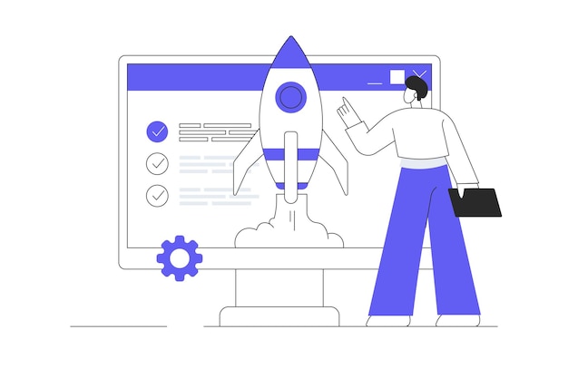 Startup business concept L'uomo d'affari genera idee pianifica e lancia un nuovo progetto Flat