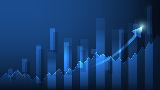 statistiche aziendali finanziarie con grafico a barre e grafico che mostrano il prezzo del mercato azionario su sfondo blu