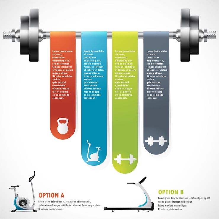 Vettore statistiche di fitness e infografiche con manubrio concetto aziendale con 4 opzioni parti passaggi o