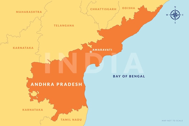 Stato dell'Andhra Pradesh India con mappa disegnata a mano della capitale Amaravati