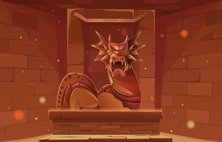 Vettore statua di drago su un piedistallo interno di una stanza di un antico tempio monumento di architettura drago rosso che sorveglia il sotterraneo statua di pietra muro di mattoni artefatto archeologico illustrazione di cartoni animati vettoriale
