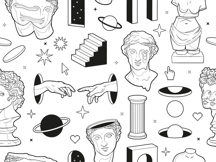 Vettore statue antiche greche ed elementi surreali in stile psichedelico alla moda modello vettoriale senza cuciture