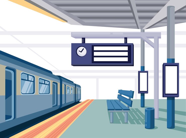 Stazione ferroviaria con il vettore modificabile del modello dell'illustrazione di scena della scatola luminosa dell'insegna e del tabellone per le affissioni