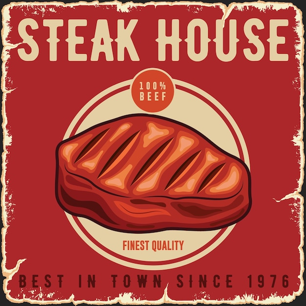 Steak house vintage cartello in metallo arrugginito poster vettoriale retro