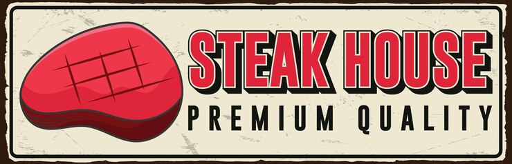 Vettore steak house vintage cartello metallico arrugginito modello vettoriale di poster retro